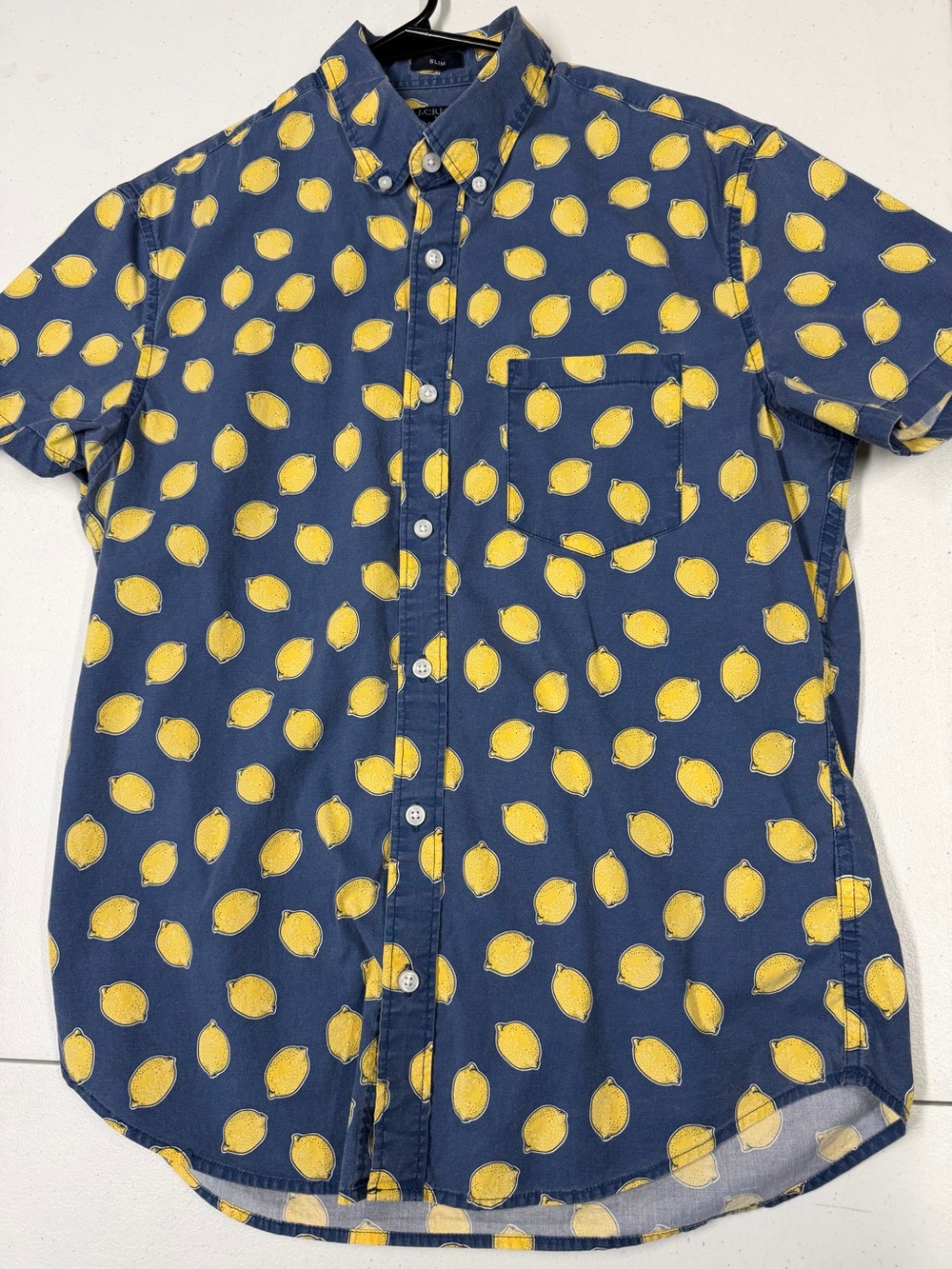 J Crew Youth Medium (Y10-12) Navy Button Down with Lemons Short Sleeved Shirt